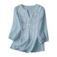 thumbnail image 1 of Outfmvch Womens Gauze Shirts 3/4 Sleeve Button Down Shirts Gauze Shirts Boho Retro Embroidered Tops Cotton Linen Shirts Travel Vacation Tops Long Sleeve Textured Collared Half Sleeve A9 Light Blue S, 1 of 9
