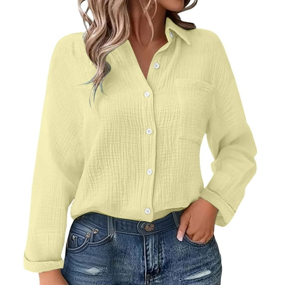 Outfmvch Womens Gauze Shirts Cotton Linen Pleated Belt Pocket Fall Work Cruise Outfits 2026 Linen Shirts for Women Rolled Cuffed Long Sleeve Blouse Beige L