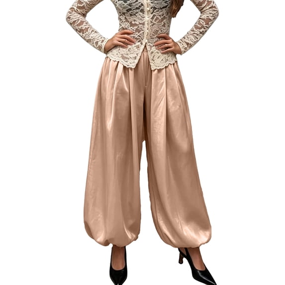 Outfmvch Womens Lantern Pants High Waisted Front Pleats Loose Baggy Wide Leg Elastic Ankle Cuffs Hidden Pockets Dressy Work Evening Summer Boho Travel Outfits Brown M
