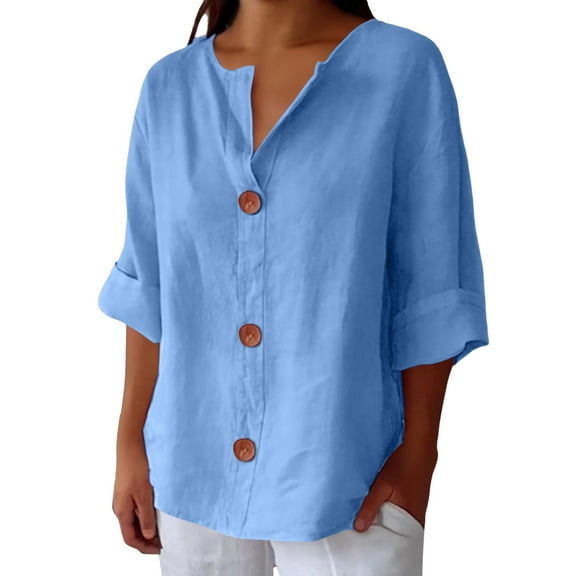 Outfmvch Womens Linen Button Down Shirts Henley Shirts Vacation Fashion Clothes Rolled Cuffed 3/4 Sleeve Button Down 2026 Button Down Summer Trendy Linen Shirts for Women Loose Fit Sky Blue 2 2xl