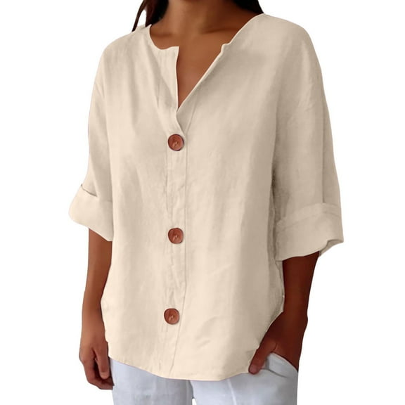 Outfmvch Womens Linen Button Down Shirts Linen Shirts V Neck Tunic Tops Summer Trendy 2026 Button Down Henley Shirts Loose Crewneck Henley Tops Work Blouses 2026 Blusas De Lino Para Mujer Beige 1 L
