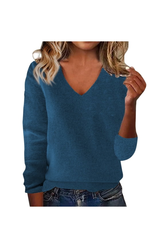 Womens Long Sleeve Sweaters 2025 Fall Casual Classic Soft Loose Fit Basic Pullover Jumper Top Oversized Sweaters for Tops for Women Navy S