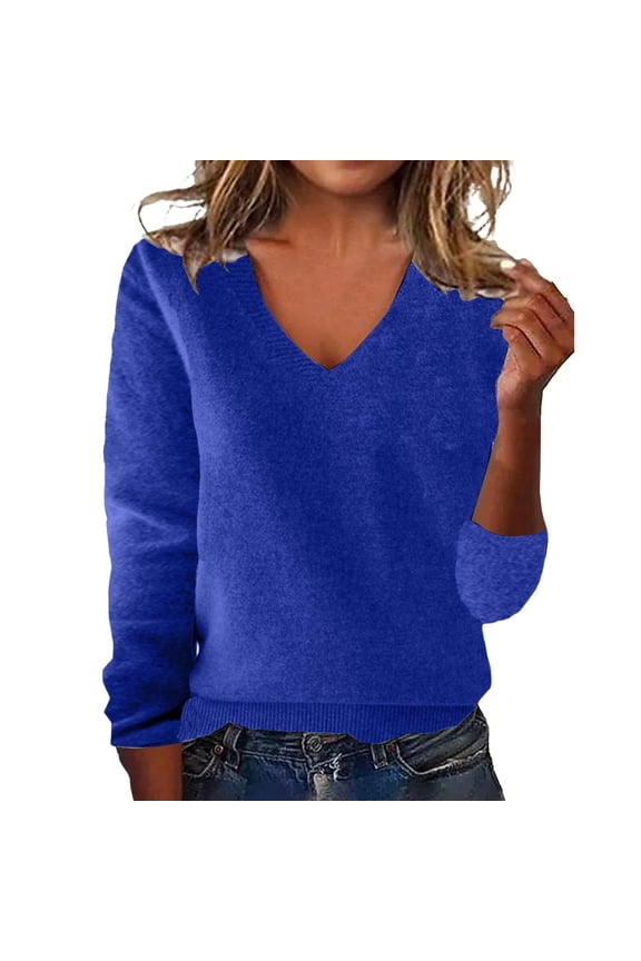 Womens Long Sleeve V Neck Sweaters 2025 Fall Casual Classic Soft Loose Fit Basic Pullover Jumper Top Long Sleeve Fall Trendy Business Casual Tops Dark Blue 1 Xl
