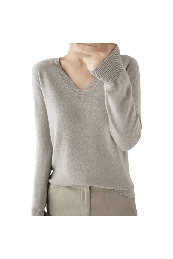 Womens Long Sleeve V Neck Sweaters 2025 Fall Casual Classic Soft Loose Fit Basic Pullover Jumper Top Pullover Sweaters Fall Sweaters for Women Slim Fit Lightweight Sweater Gray S