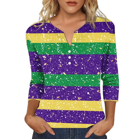 Outfmvch Womens Mardi Gras 3/4 Sleeve Blouse Plus Size Holiday Tops Shirts for Women Cowl Neck Tops for Women Womens Tops Plus Size V Neck Mardi Gras Shirt Green 1 L