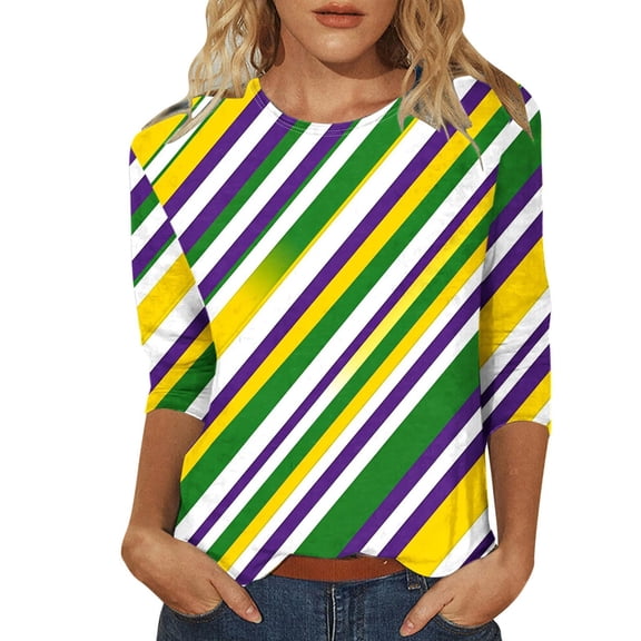 Outfmvch Womens Mardi Gras 3/4 Sleeve Blouse Sparkly Blouses for Women Plus Size V Neck Mardi Gras Shirt Skinny Jeans for Women's Mask Graphic Shirts Purple L