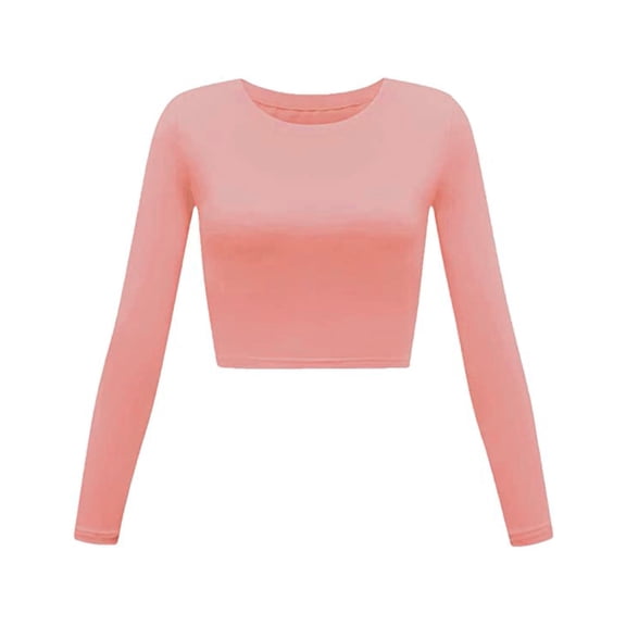 Outfmvch Womens Slim Fitted Crop Tops Crew Neck Long sleeves Casual Comfy Stretch Fall Basic Plain Color T-Shirts Going Out Crop Tops Pink M