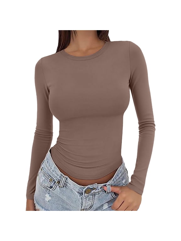Womens Slim Fitted Crop Tops Crew Neck Slim Basic Slim Cropped Casual Comfy Stretch Fall Basic Plain Color T-Shirts Going Out Crop Tops Beige XS