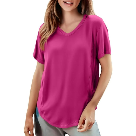 Outfmvch Womens Striped T Shirt Oversized Summer Tops for Women Ribbed Short Sleeve Tops for Women Short Sleeve Summer Tops for Women Hot Pink XL