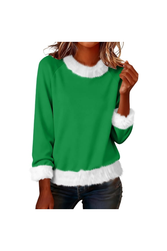 Womens Xmas Long Sleeve Shirts Fuzzy Faux Fur Trim Fancy Casual Holiday Top 2025 Christmas Aesthetic Fashion Clothes A1 Green S-3XL