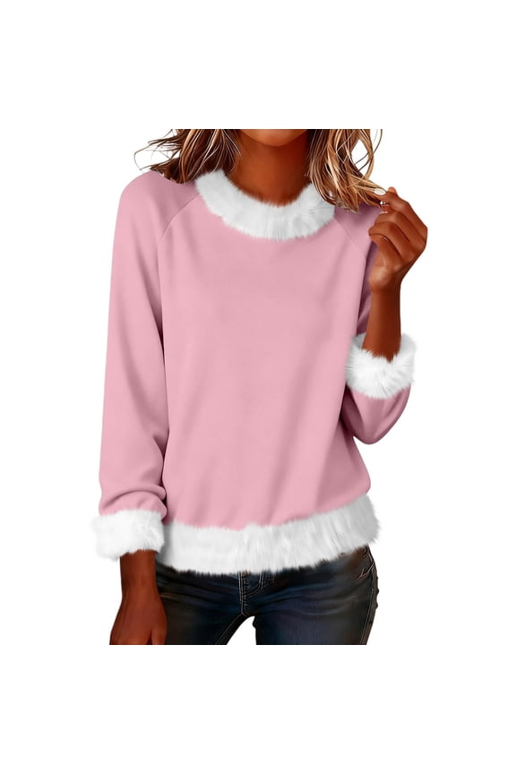 Womens Xmas Long Sleeve Shirts Fuzzy Faux Fur Trim Fancy Casual Holiday Top Christmas Blouse Aesthetic Tee Clothes A1 Pink S-3XL