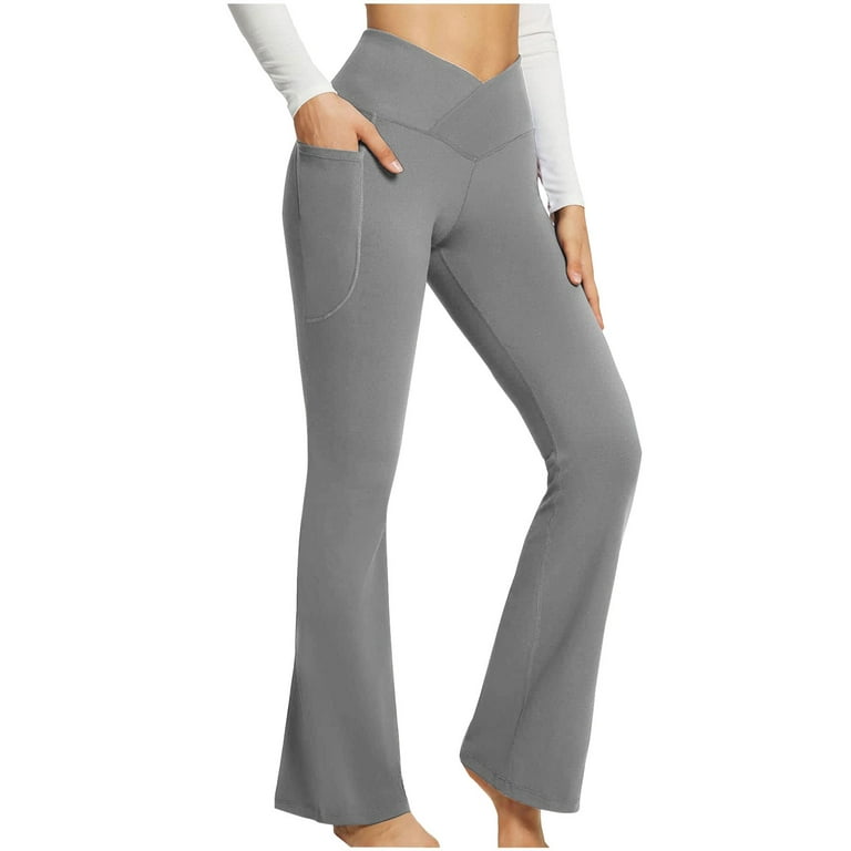Outfmvch Yoga Pants Women Flare Leggings Polyester,Spandex Relaxed Zip Fly  With Button Closure Flare-Leg Lightweight Two Pockets Long High Waisted  Yoga Pants For Women Gray Xxl 