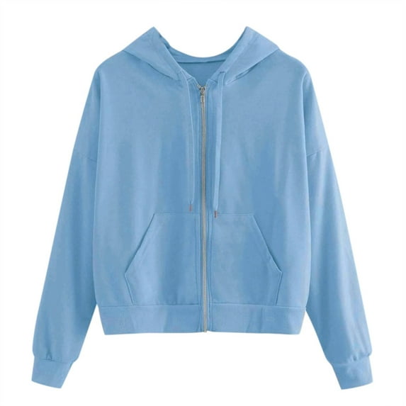 Outfmvch Zip Up Hoodie Sweaters for Women Solid Tops Pocket Zipper Women Hooded Long Sweatshirt Casual Sleeve Shirt Blouse Hoodies for Women Blue L