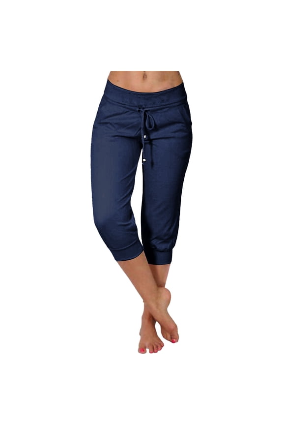 capri pants for women drawstring pants women lounge pants knit capris for women elastic waist womens petite pants New Cropped Elastic Pants For Shorts Trousers Solid Ppants Navy XL