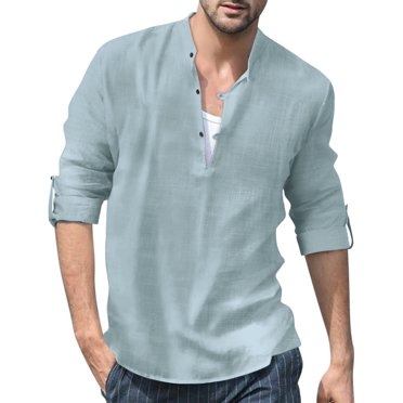 Mens V Neck Cotton Linen Henley Shirts Long Sleeve Banded Collar T ...