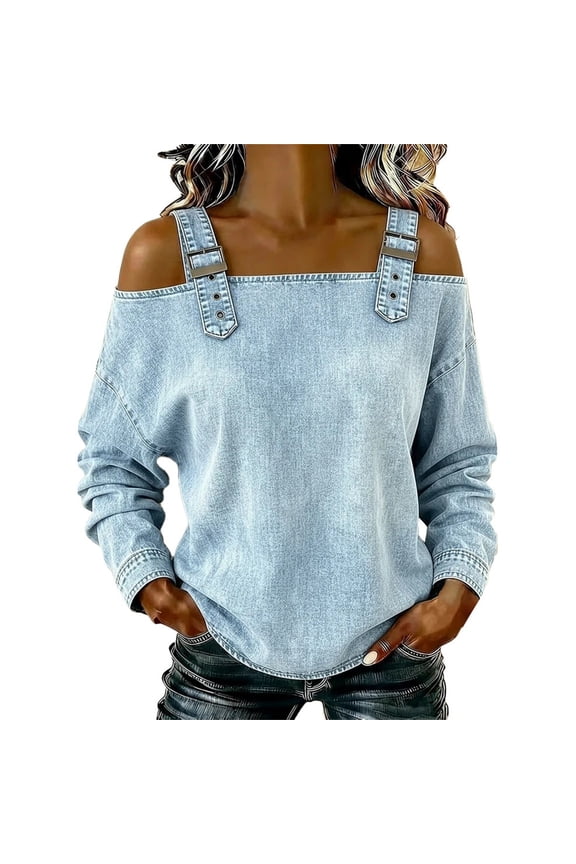 cold shoulder tops for women Off-the-shoulder Retro Lapel Tops Denim Cold Shoulder Buckle Strap Denim Tops for Women Long Sleeve Blouse Denim Shirt Women Strapless Denim Shirt Top Blue L