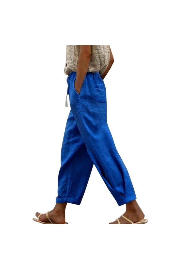 cotton linen pants women Lace Side Straight-legs Work Pants Women Gaucho Pant Gauze Drawstring Pull On Pants Boho Wide Leg High Waist Linen Beach Pants Cotton Linen Palazzo Pants Blue L