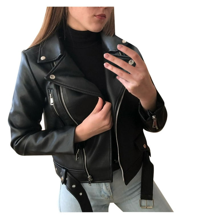 Outfmvch crop tops for women Cool Leather Jacket Zipper Fitted
