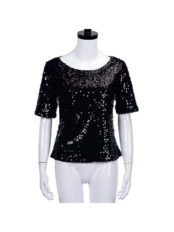 Womens Tops Dressy Casual Summer Tops for Women 2023 Trendy Sequins Sparkle Coctail Party Casual Top Blouse Crop Tops Shirt Sequin Top Black L