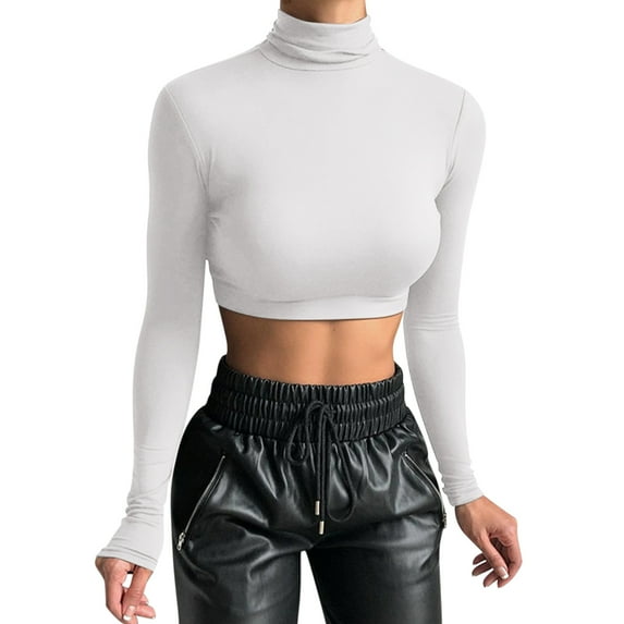 Outfmvch crop tops for women Long Sleeve Crop Turtleneck Cropped Shirt womens tops crop tops White