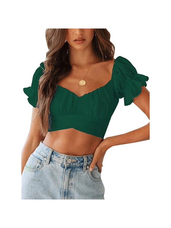 crop tops for women Ruffle Short Sleeve Tie Up Back Crop Off Shoulder womens tops crop tops Army Green