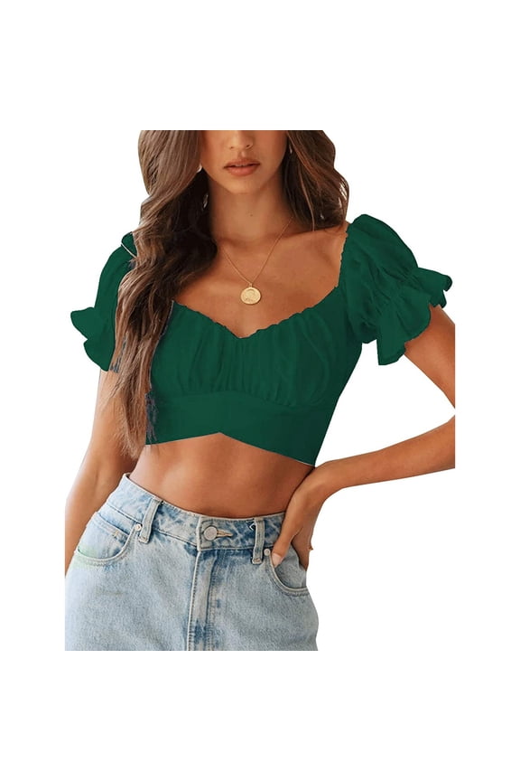 crop tops for women Ruffle Short Sleeve Tie Up Back Crop Off Shoulder womens tops crop tops Army Green