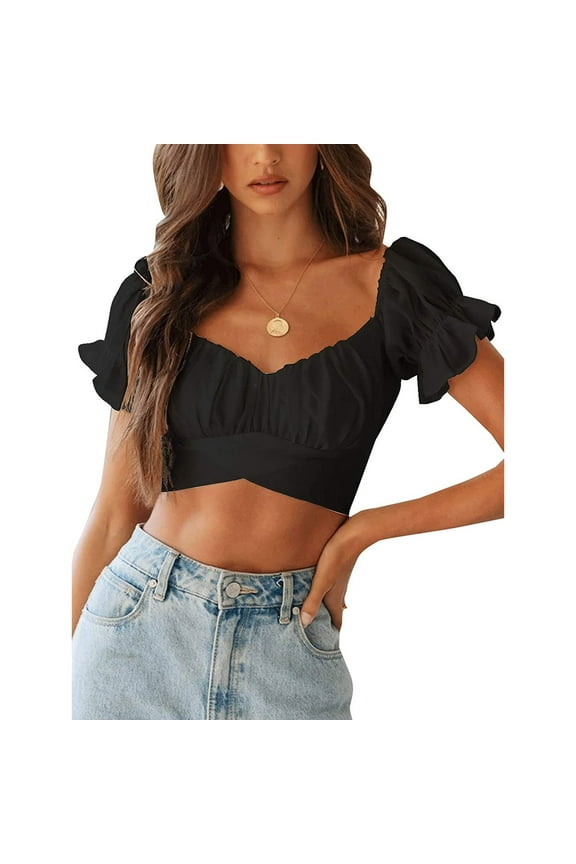 crop tops for women Ruffle Short Sleeve Tie Up Back Crop Off Shoulder womens tops crop tops Black