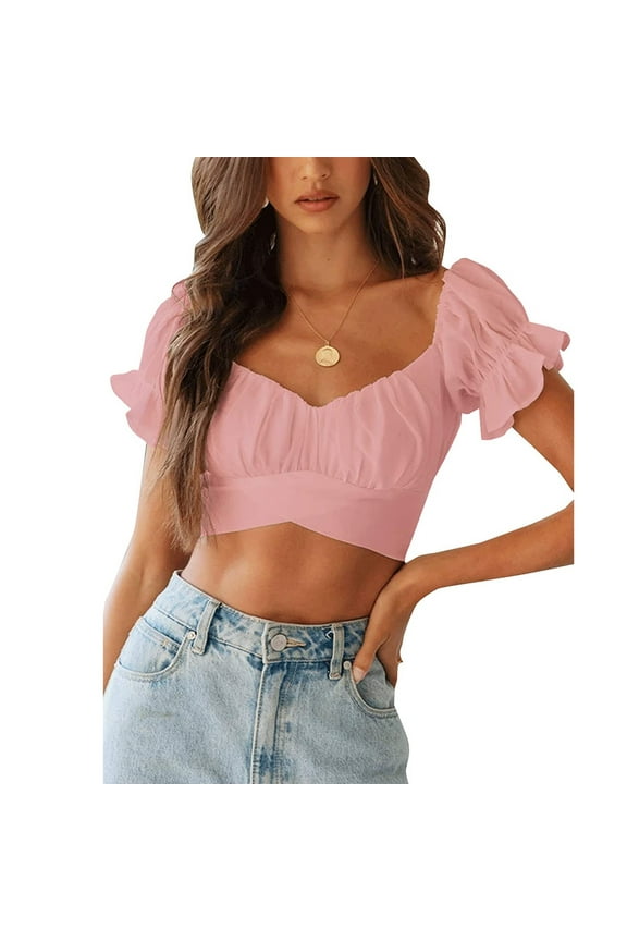 crop tops for women Ruffle Short Sleeve Tie Up Back Crop Off Shoulder womens tops crop tops Pink