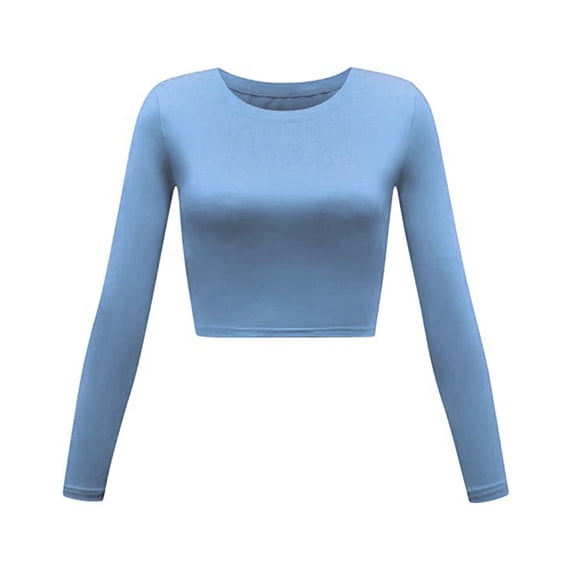 Outfmvch crop tops for women Slim Long-sleeved Round Neck Bas Ic Short Top womens tops womens long sleeve tops