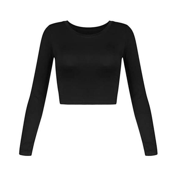Outfmvch crop tops for women Slim Long-sleeved Round Neck Basic Short womens tops crop tops Black