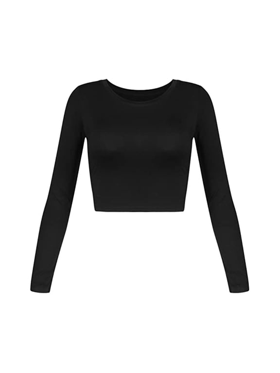 crop tops for women Slim Long-sleeved Round Neck Basic Short womens tops crop tops Black