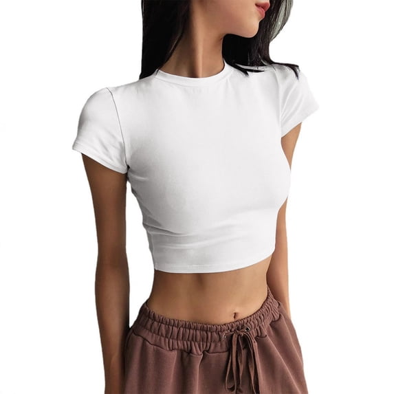 Outfmvch crop tops for women compression shirt Summer Basic Tees T Shirts for Women short sleeve crop Cotton Crop Tops spring tops for women Graphic Tees wrap top womens t shirts White XS