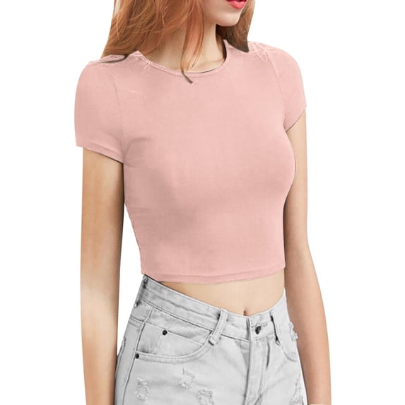 Outfmvch crop tops for women flowy tops for women Summer Basic Tees Round Neck Tee short sleeve crop womens tops summer compression shirt workout tops graphic tees for women Pink L