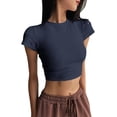 thumbnail image 1 of Outfmvch crop tops for women tube top tshirts shirts for women going out tops Round Neck Tee graphic tees for women Short Sleeve Ruched short sleeve crop Cotton Crop Tops wrap top Blue XL, 1 of 4