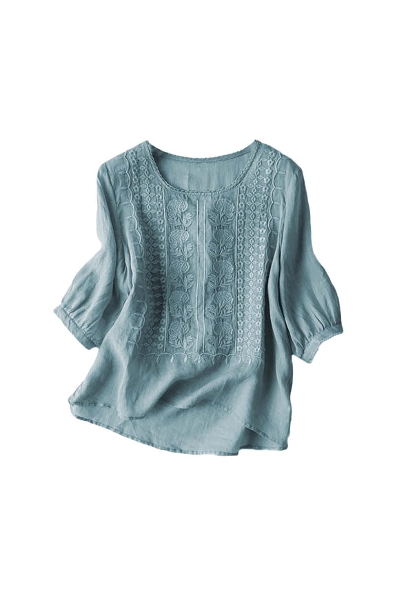 embroidered tops for women Retro Flowy Fit and Flare Blouses Loose Gauze Tunics Tunic Tops with Button Cotton Button Down Graphic Shirt Z2 Blue L