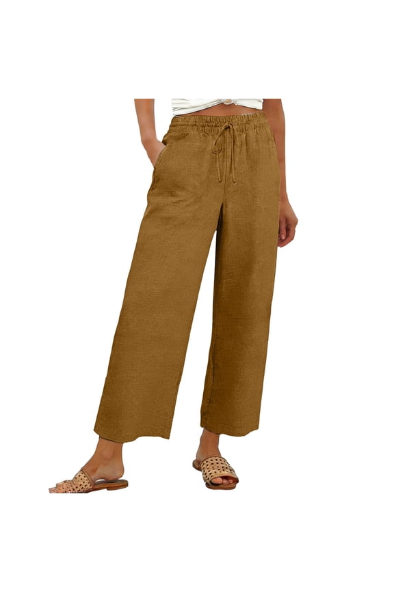 gauze pants women Linen Beach Pants Lace Side Drawstring Elastic Waist Straight-legs Gaucho Pant Cotton Linen Palazzo Pants Pull On Pants Paper Bag Pants Summer Beach Pants Brown L
