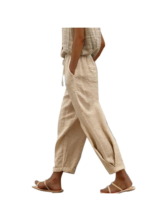 gauze pants women Wide Leg Trousers with Pockets Work Pants Women Gaucho Pant Drawstring Pants Women Paper Bag Pants Womens Embroidered Linen Pants for Women Straight-legs Khaki M