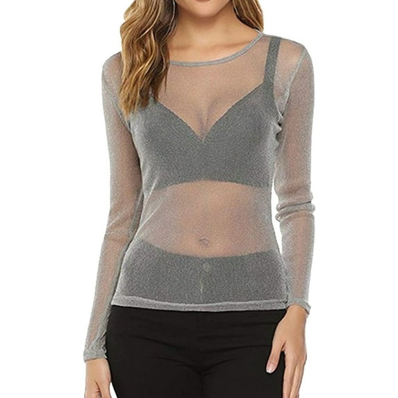 Outfmvch going out tops for women Slim Fit Tops Tight Shirts Crop Tops mesh top Womens Solid See Through Long Sleeve Arm Shaper Top Mesh Shirt Blouse Gray L