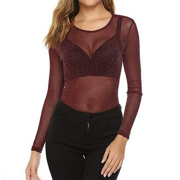 Outfmvch going out tops for women Slim Fit Tops Tight Shirts Crop Tops mesh top Womens Solid See Through Long Sleeve Arm Shaper Top Mesh Shirt Blouse Red XL