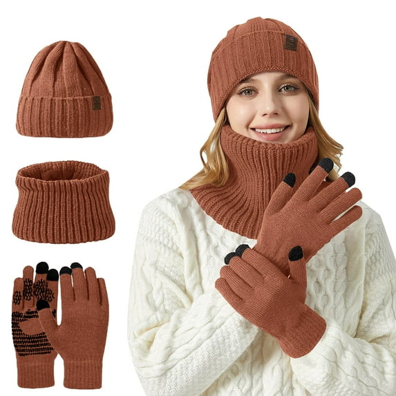Outfmvch hat and gloves for women Winter Beanie Hat Scarf Gloves, Warm Fleece Knit Hat Long Scarf Neck Warmer Touch Screen Winter Gloves Set Gifts for Women hat and scarf set for women Brown One Size
