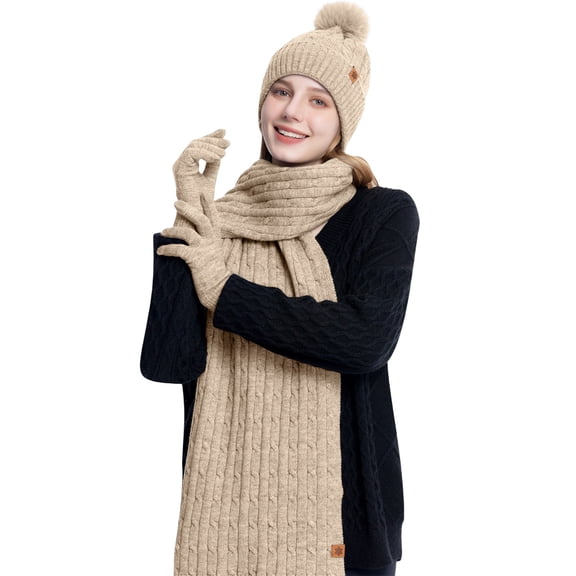 Outfmvch hat and gloves for women Womens Winter Warm Knit Beanie Hat Touchscreen Gloves Long Neck Scarf Set with Fleece Lined Skull Caps Gifts for Women hat and scarf set for women Beige One Size