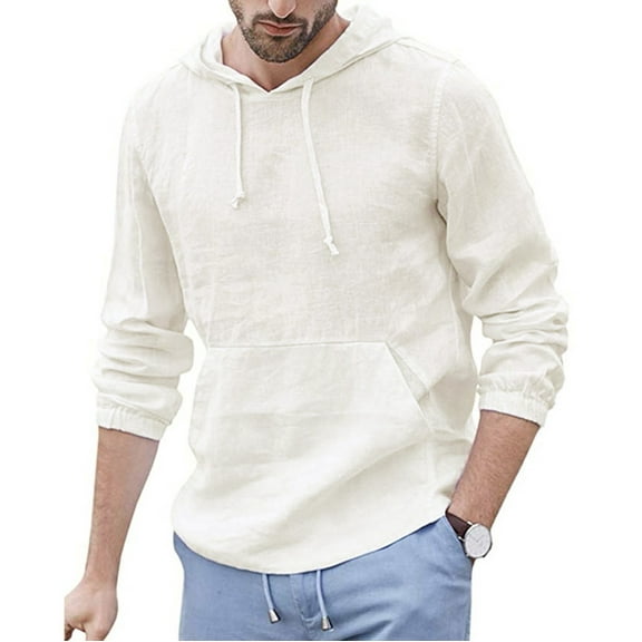 Outfmvch hoodies for men Baggy Cotton Linen Hooded Pocket Solid Long Sleeve Retro T Shirts womens tops White