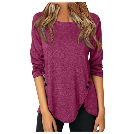 Outfmvch hoodies for women Casual Long Sleeve Tunic Shirts Round Neck Button Side s womens tops womens sweaters Hot Pink