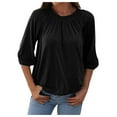 thumbnail image 1 of Outfmvch hoodies for women Fashion Solid Round Neck T Shirt 3/4 Sleeve Loose Pleated womens tops womens sweaters Black, 1 of 1