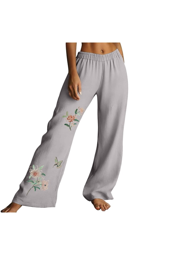 linen pants for women Pull On Pants Gaucho Pant Business Casual Pants for Women Wide Leg Trousers with Pockets Womens Embroidered Linen Pants Straight Leg Linen Pants for Women Gray L