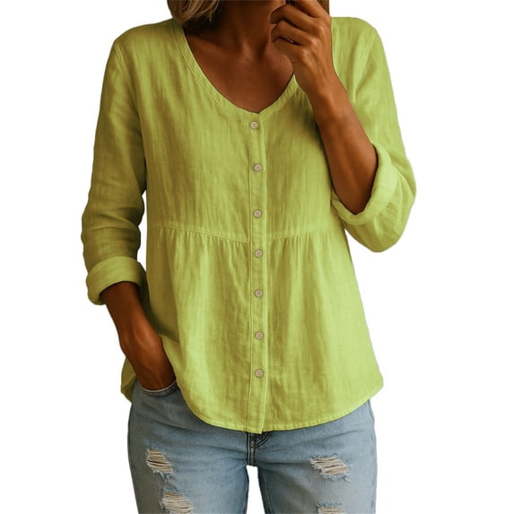 Outfmvch linen shirts for women elbow length tops for women button down shirts for women Cotton Linen Shirt Tops Casual Crew Neck Long Sleeve Button Down Tee Shirt Blouses Yellow XL