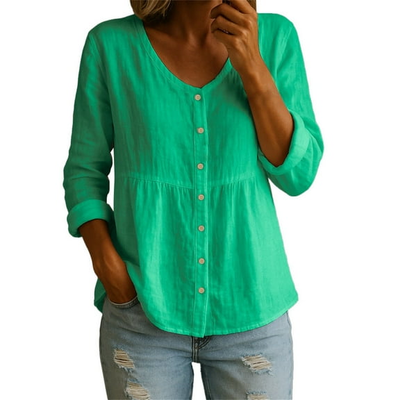 Outfmvch linen shirts for women elbow length tops for women button down shirts for women Cotton Linen Shirt Tops Casual Crew Neck Long Sleeve Button Down Tee Shirt Blouses Green S