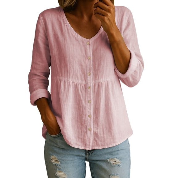 Outfmvch linen shirts for women elbow length tops for women button down shirts for women Cotton Linen Shirt Tops Casual Crew Neck Long Sleeve Button Down Tee Shirt Blouses Pink L