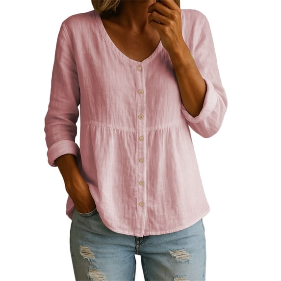 Outfmvch linen shirts for women elbow length tops for women button down shirts for women Cotton Linen Shirt Tops Casual Crew Neck Long Sleeve Button Down Tee Shirt Blouses Pink XL