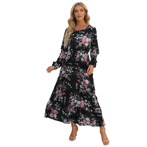 Outfmvch long sleeve dress for women Casual Floral Printed Ruffle Flowy Temperat Long Dress womens dresses fall dresses